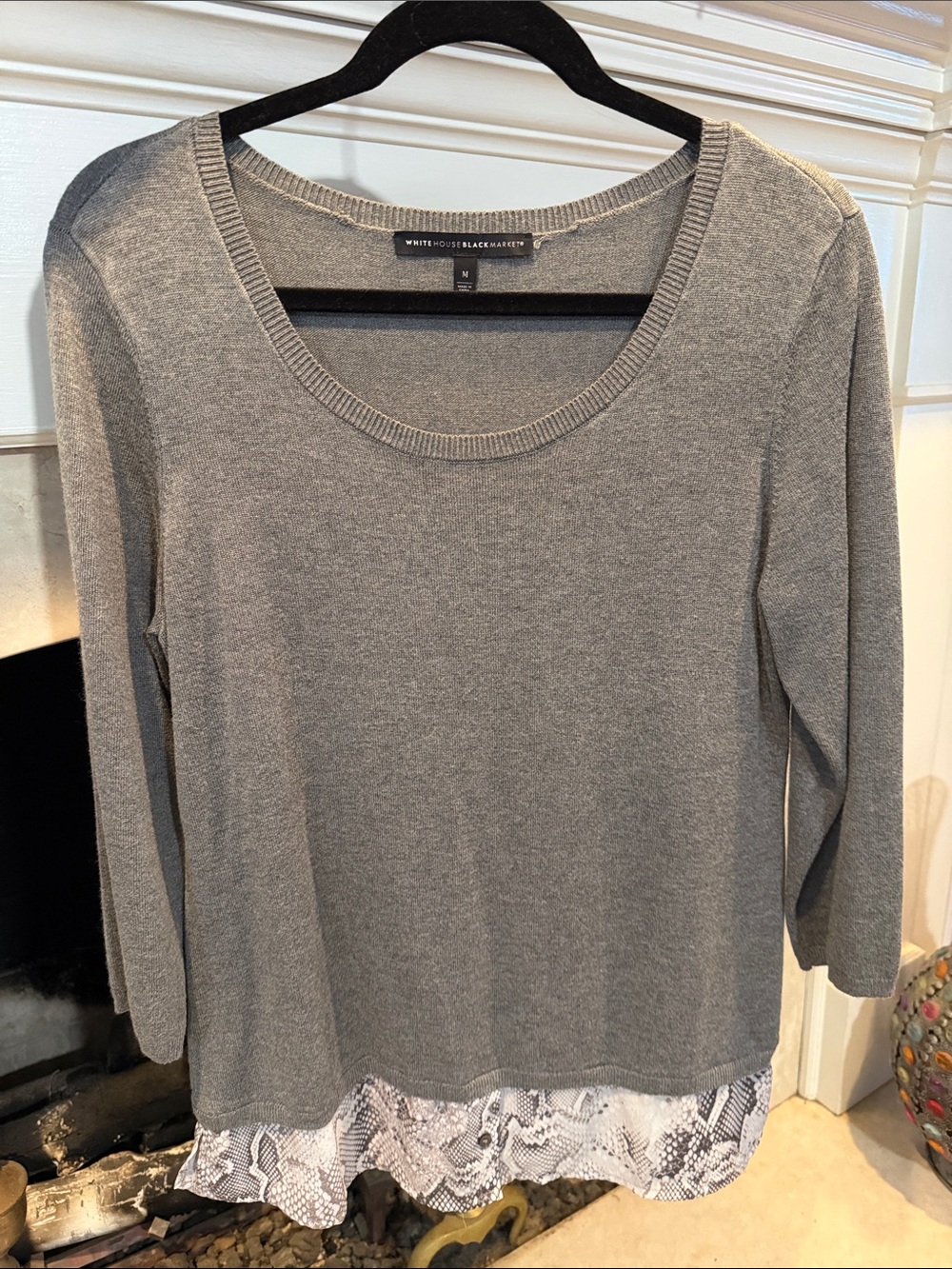 White House Black Market Gray Scoop Neck Long Sleeve Sweater with Snakeskin Hem